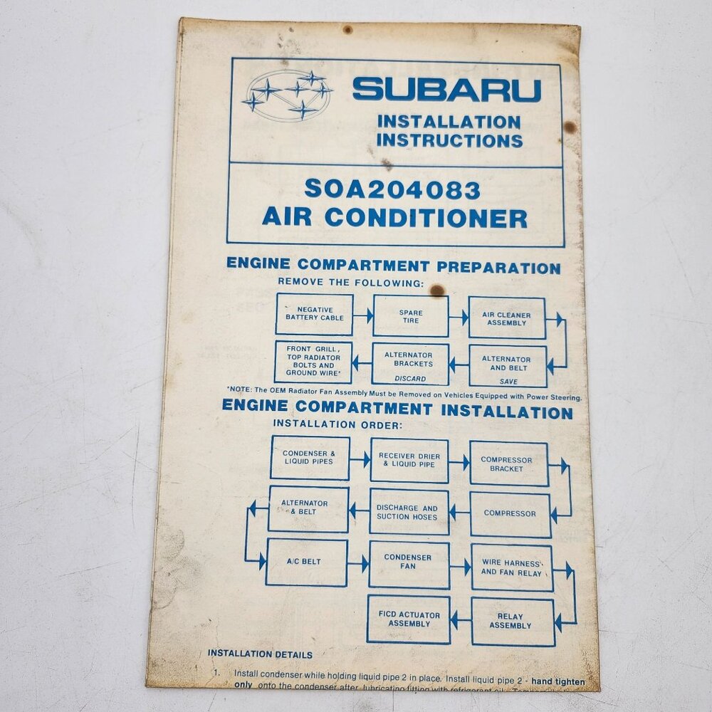Subaru Air Conditioner Installation Instructions Manual SOA204083